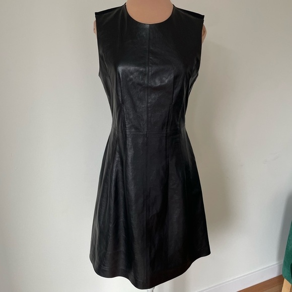 Theory Black Paper Leather Darted Combo Fit Flare Sleeveless Dress H0700602 Sz 4 - Picture 4 of 11